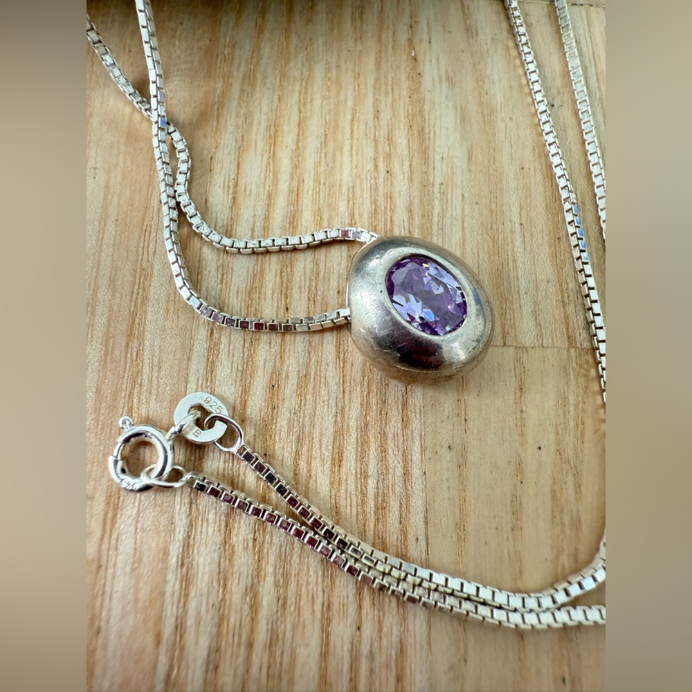 925 Sterling silver oval purple pendant necklace